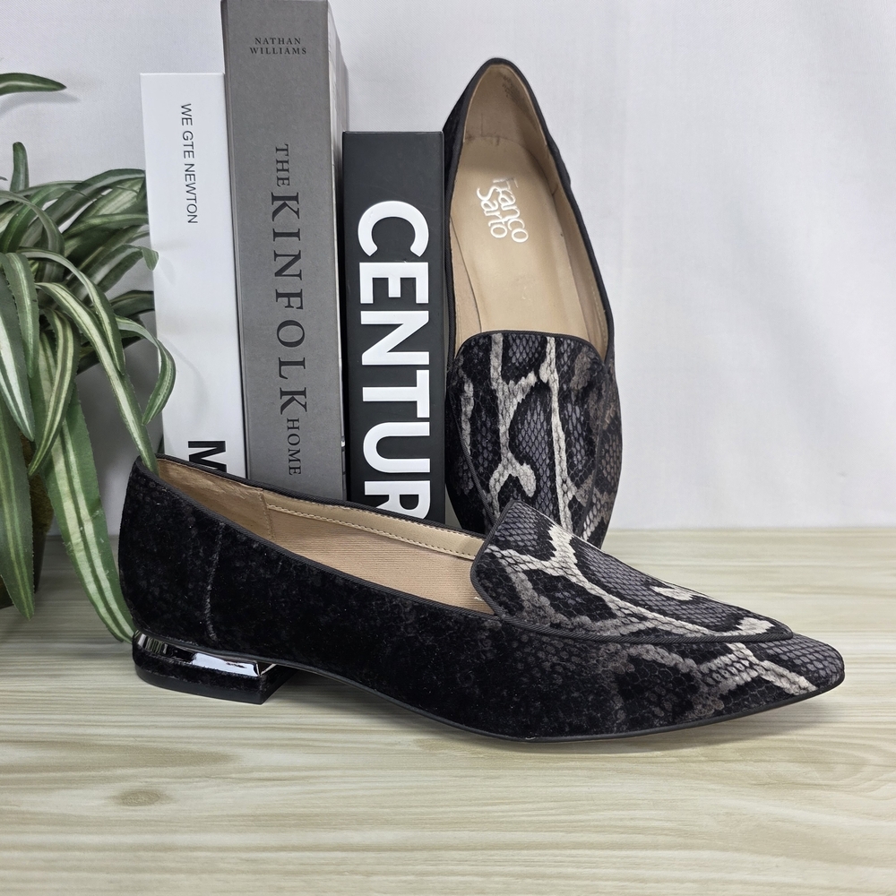 SARTO By Franco Sarto Black Velvet Loafers with Snake-Print Vamp Size 9.5